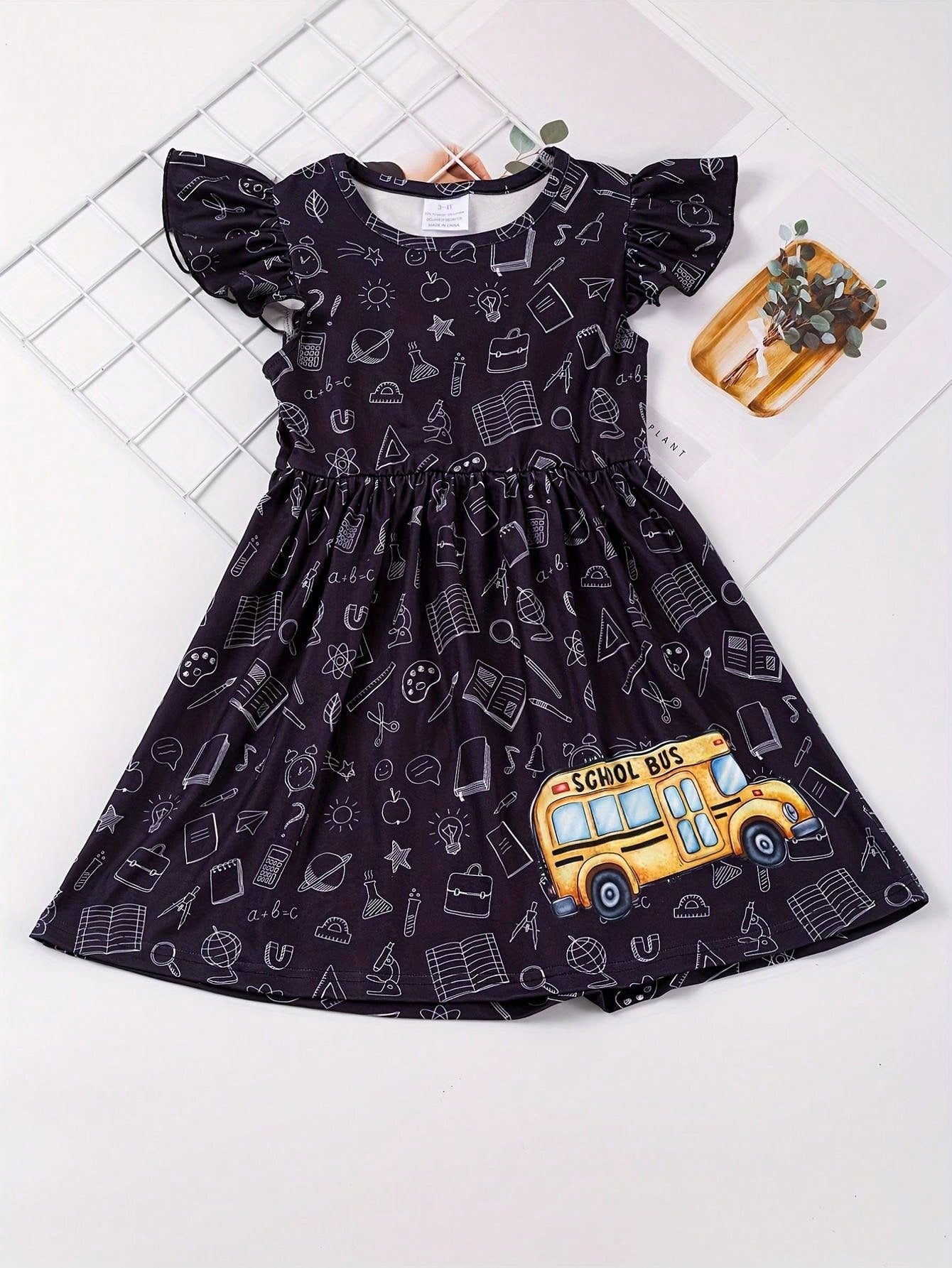 Girls School Bus Print Dress For Gift Of Back To School Season, Summer Vacation And Family Activities