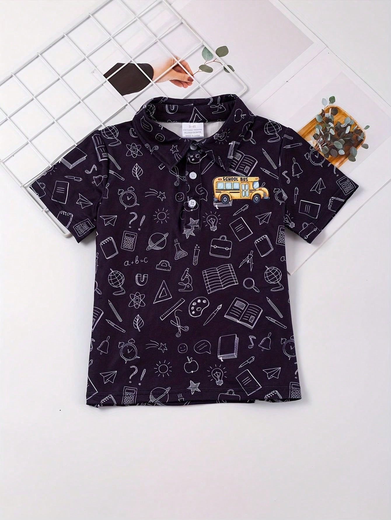 Boys School Bus Print Polo Shirt For Gift Of Back To School Season, Summer Vacation And Family Activities