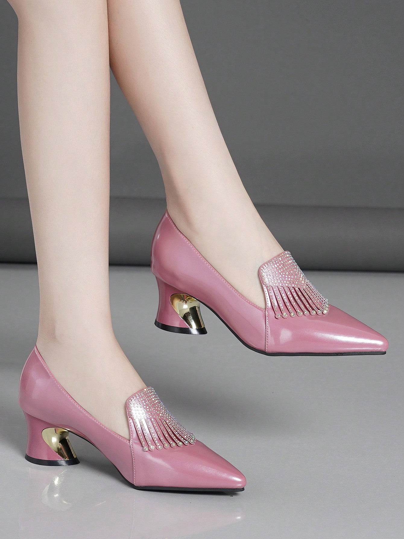 Women's Diamante Decor Pointed Toe Block Heel Shoes