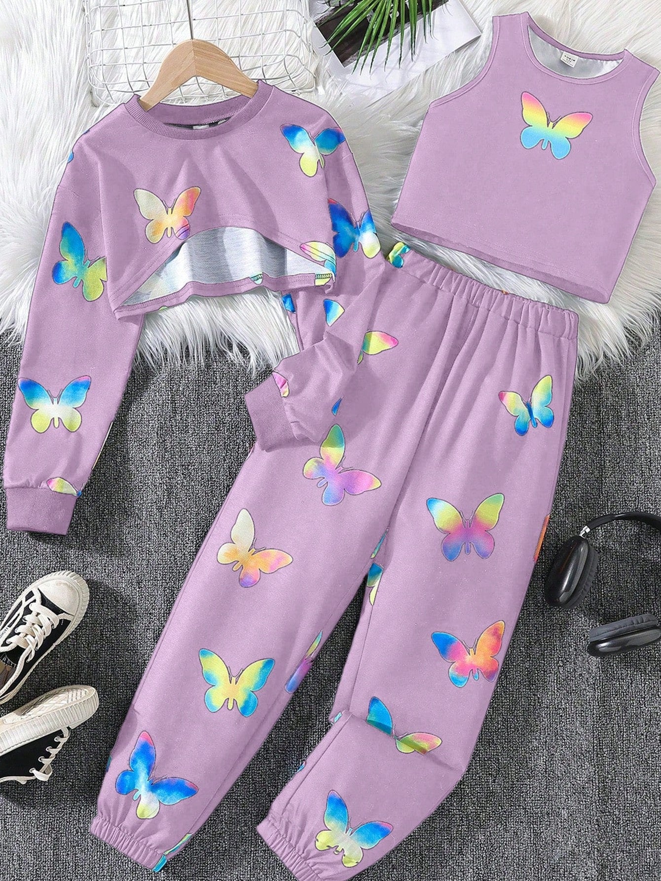 Tween Girl 3pcs/Set Trendy Butterfly Print Knitted Outfit