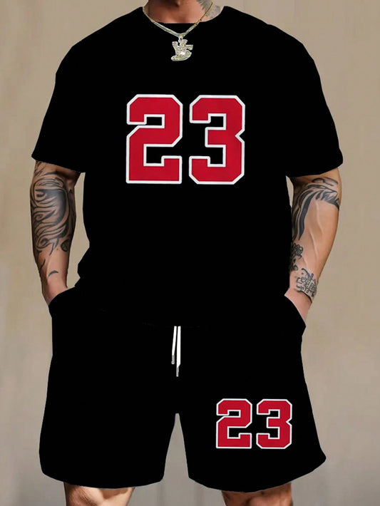 Plus Size Men's No.23 Print T-Shirt And Shorts Set