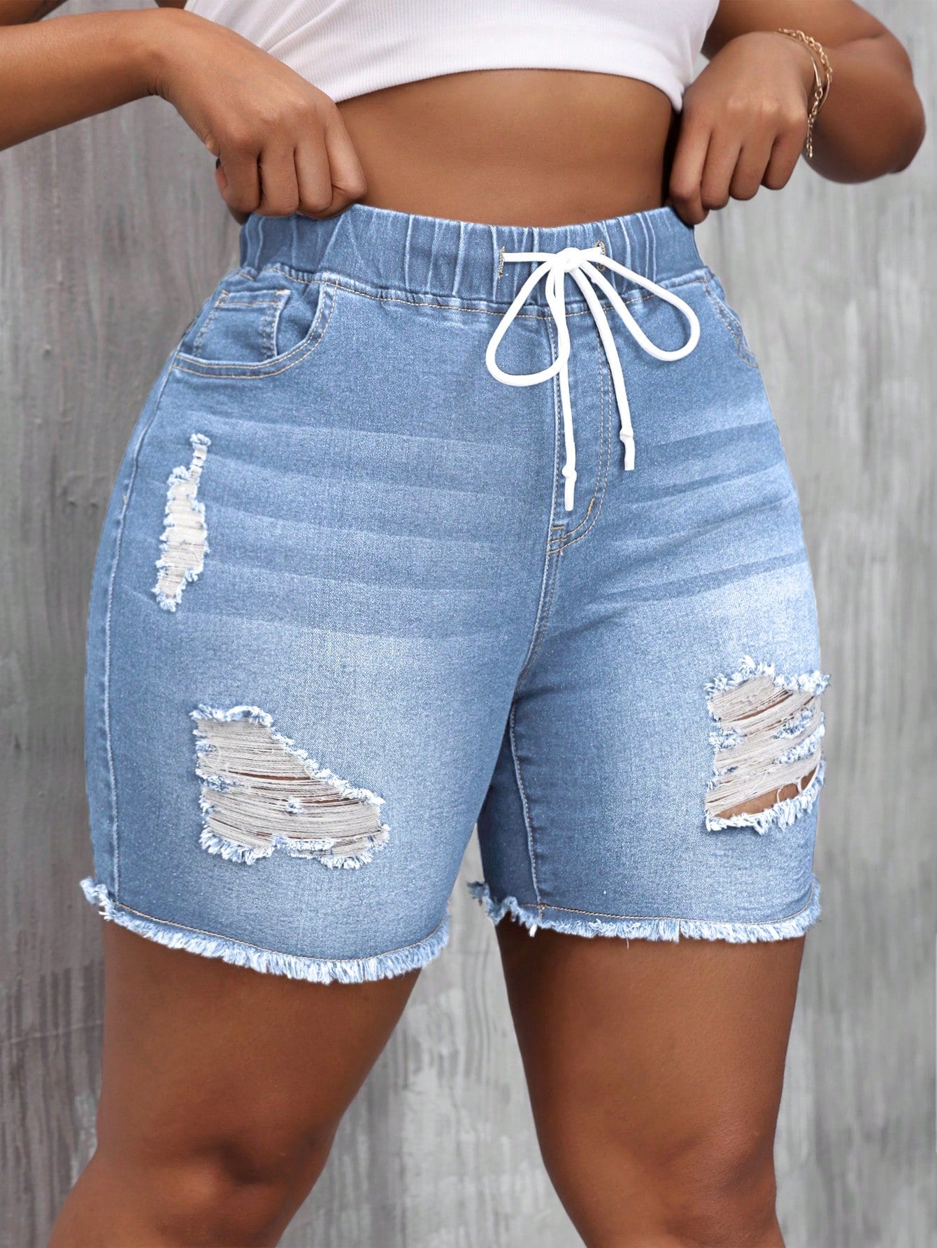 Plus Size Summer Casual Slim Fit Distressed Denim Shorts