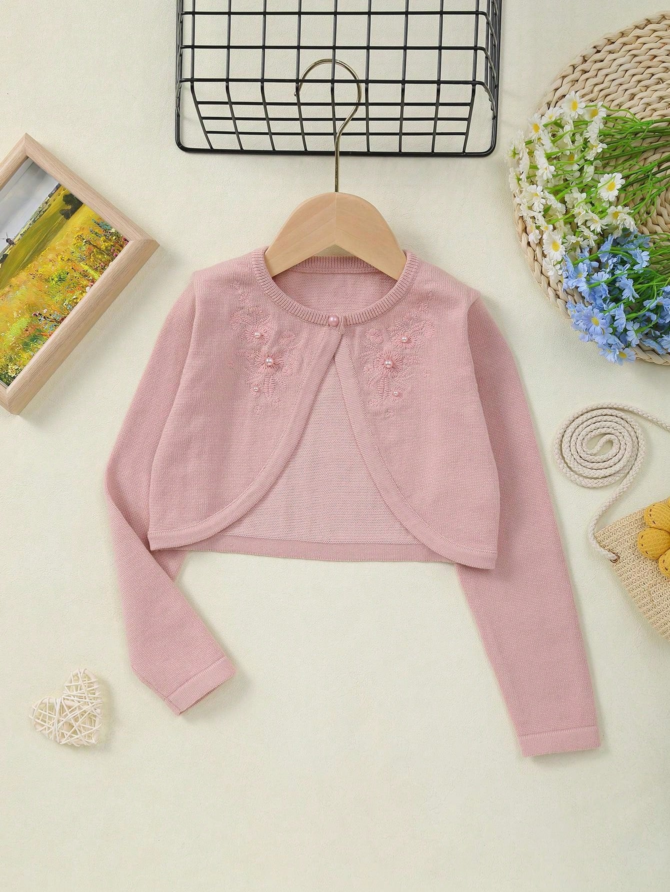 Young Girl Summer Fashionable Crop Button-Up Embroidered Knit Cardigan Outerwear For Casual Wear