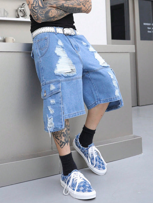 Men Plus Ripped Flap Pocket Denim Shorts