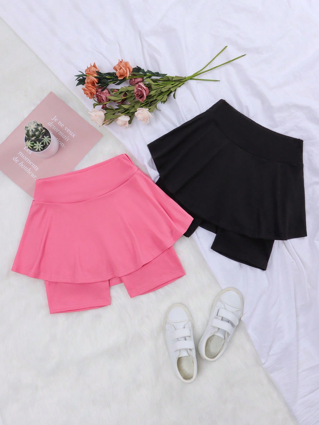 2pcs Tween Girl Minimalist Ballet-Style Solid Color Knit Skirt And Leggings Set