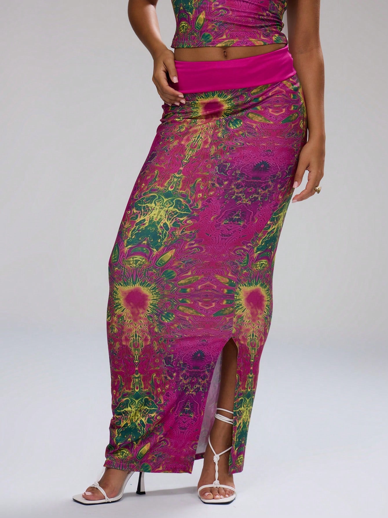 Slinky Pychedellic Print Folded Maxi Skirt