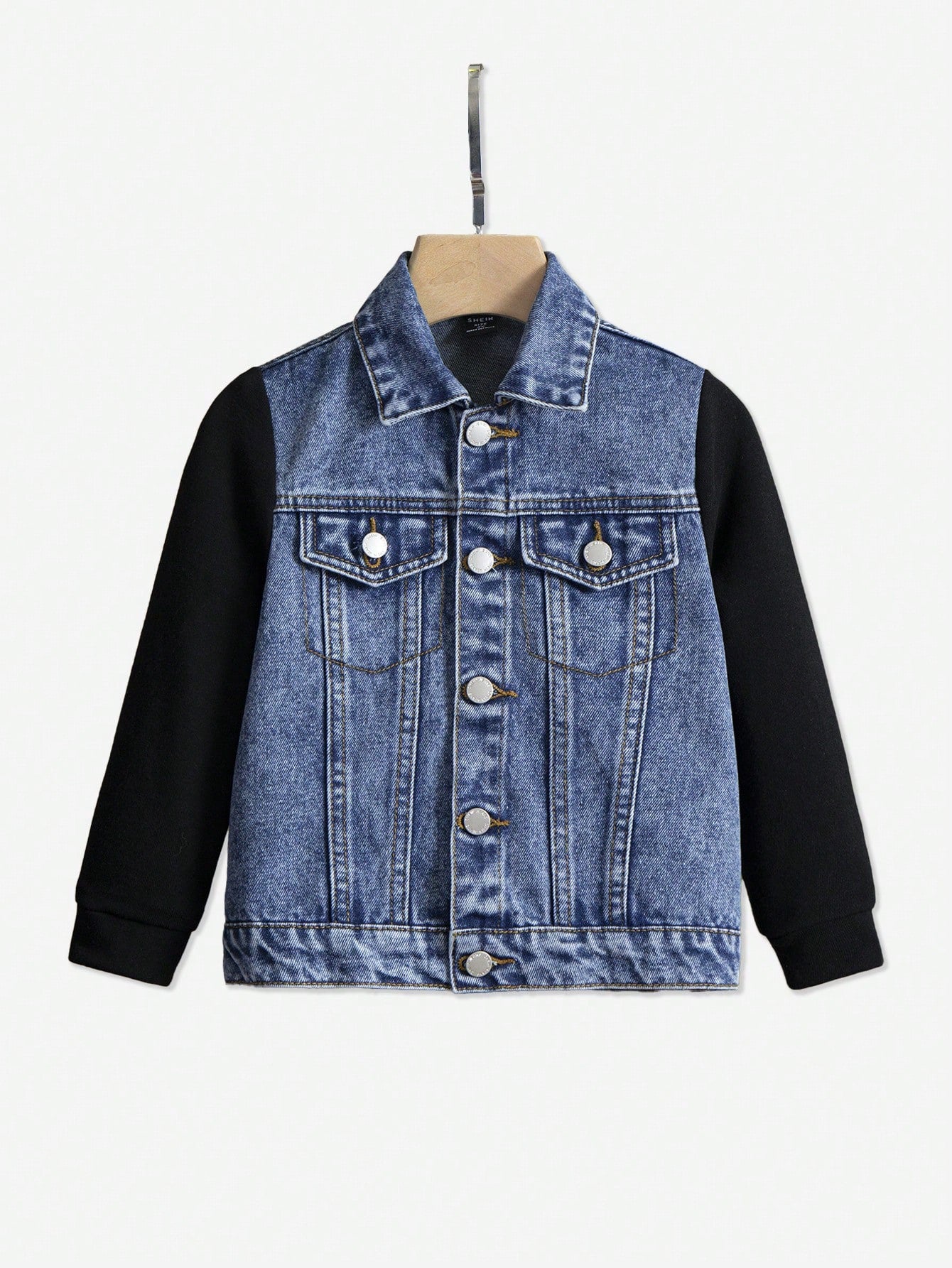 Young Boy Fashion Casual Patchwork Knit Sleeve Denim Jacket With Blue Lapel For Summer Dailywear