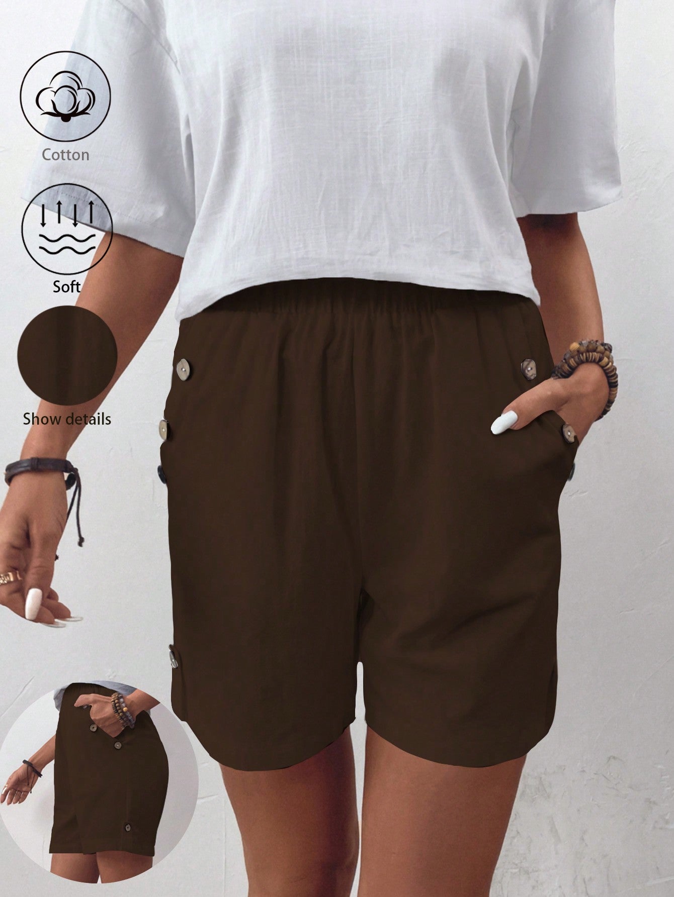JORESS Women's Solid Color Shorts With Button Decoration