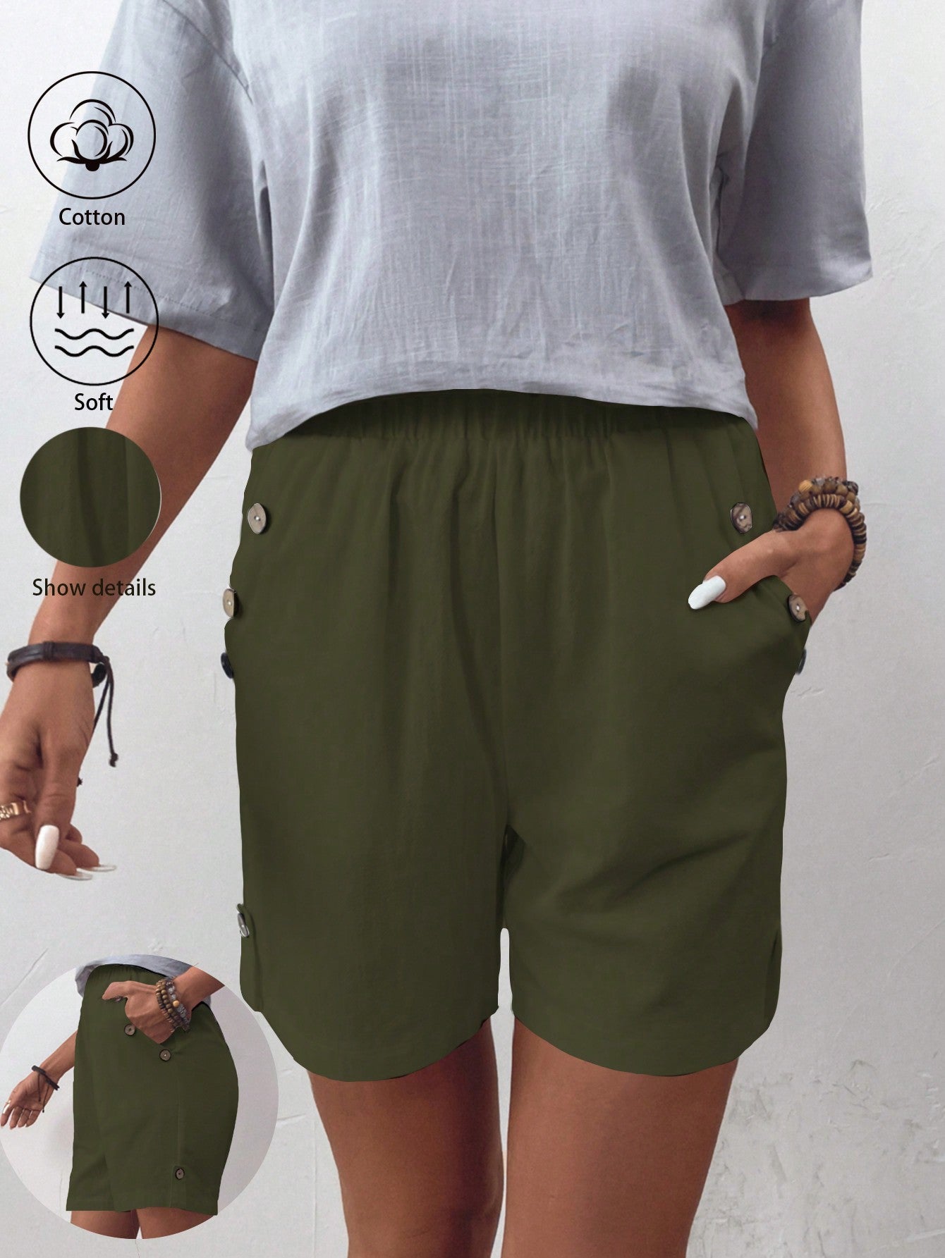 JORESS Women's Solid Color Shorts With Button Decoration