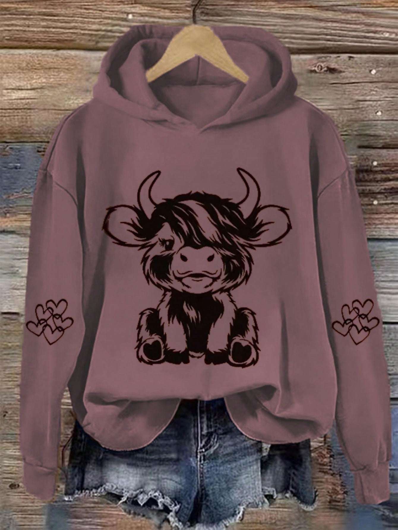 Women Spring And Autumn Cartoon Cow Print Drop Shoulder Long Sleeve Hooded Loose Casual Sweatshirt