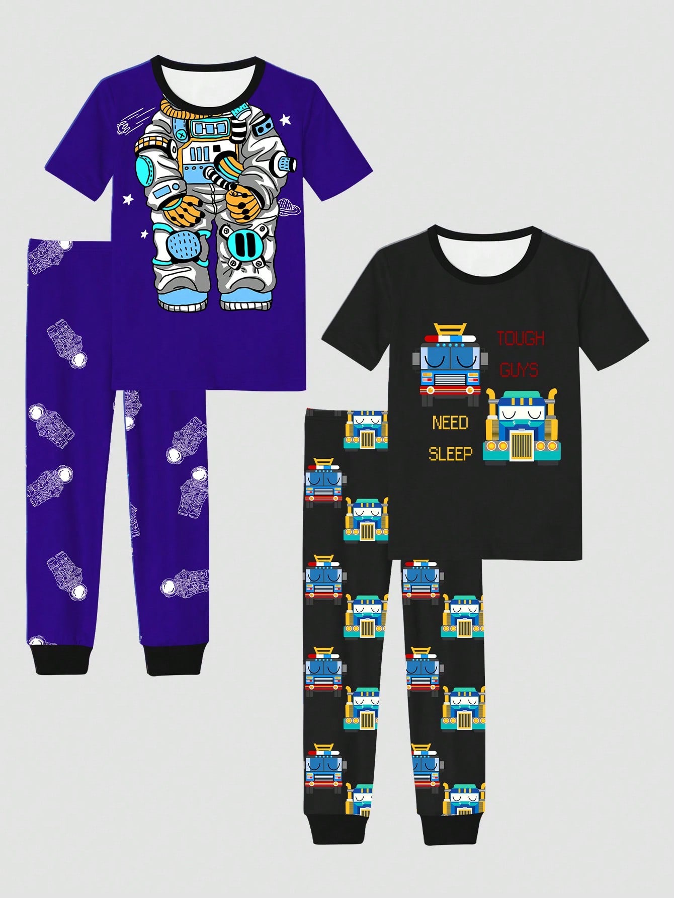 4pcs Tween Boys Snug Fit Robot Truck Print Short Sleeve Pajama Set