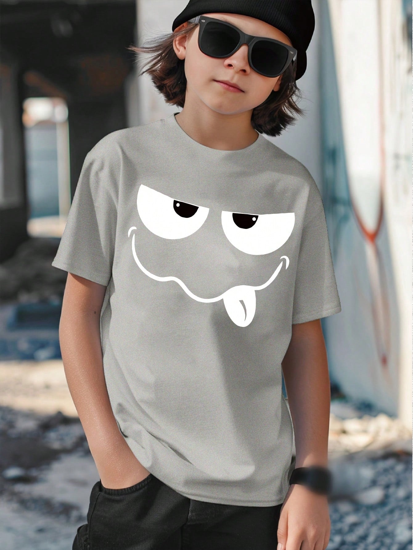 Tween Boy Casual Fashionable Funny Expression Printed Short Sleeve T-Shirt, Four Seasons Basic Round Neck Style