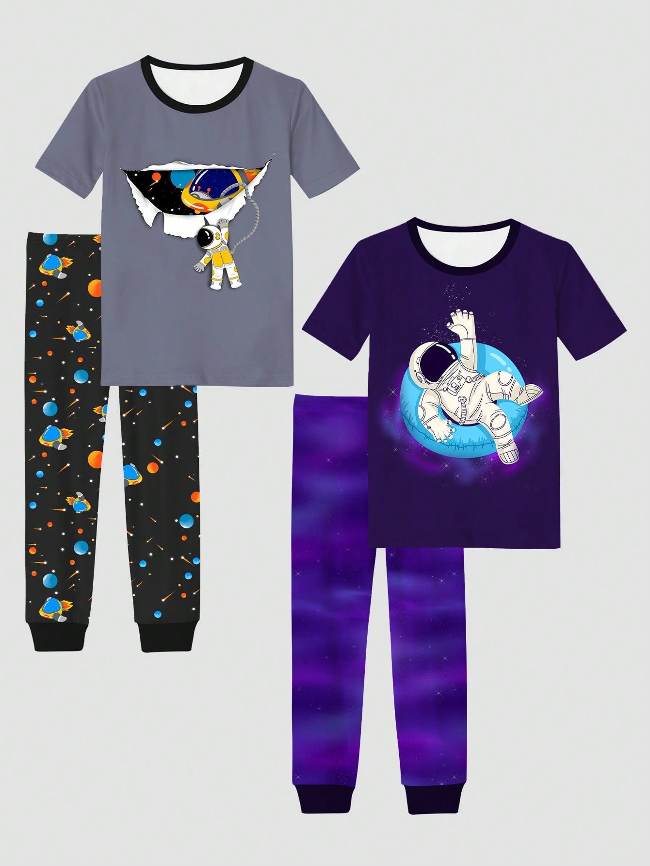 4pcs Tween Boy's Snug Fit Astronaut Printed Short Sleeve Top And Pants Pajama Set