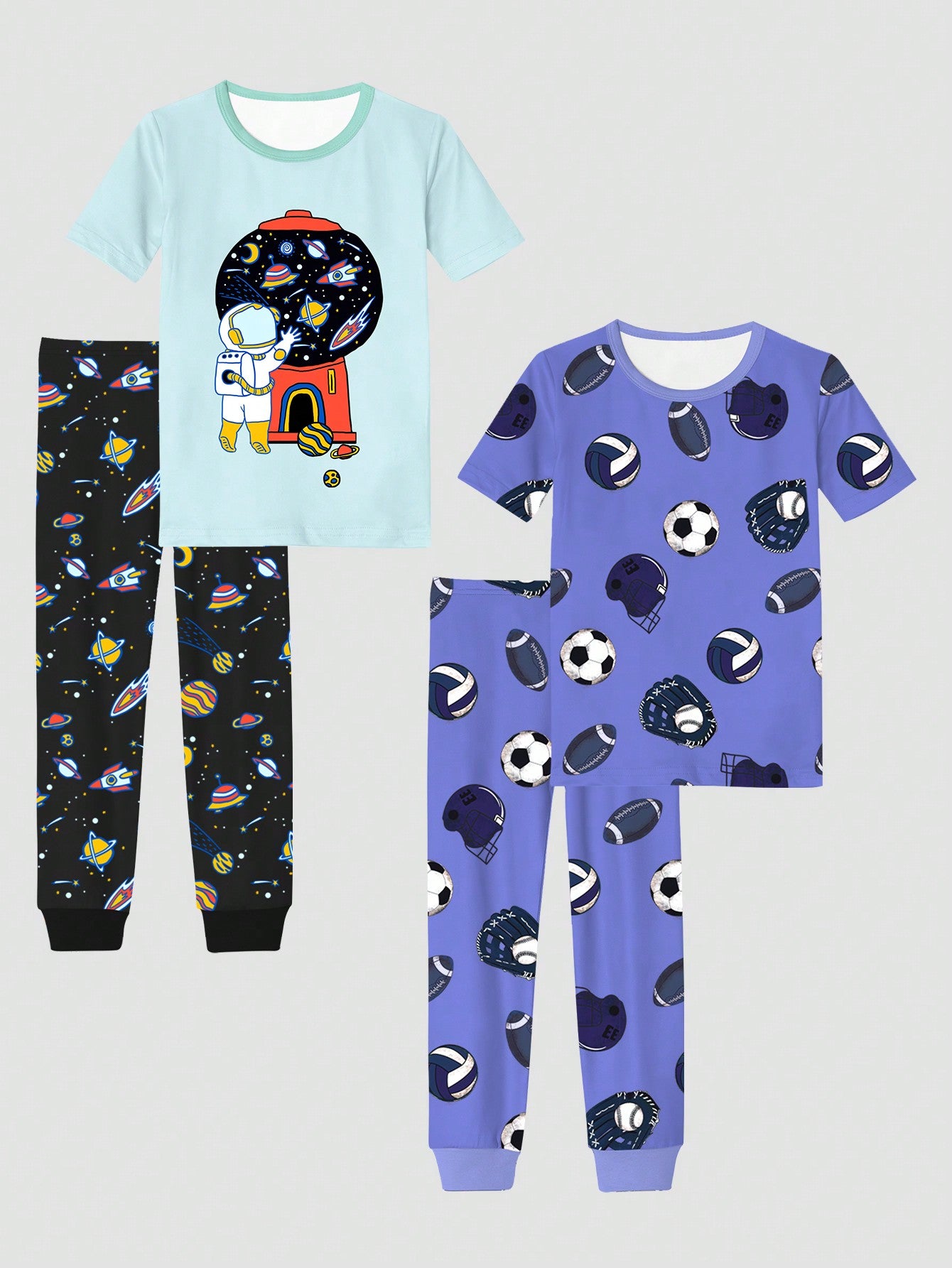 4pcs Tween Boys Astronaut & Football Print Snug Fit Short Sleeve Tee And Pants Pajama Set