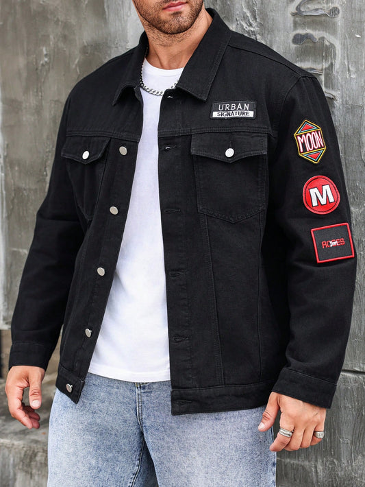 Men's Plus Size Denim Jacket, Shirt Collar, Front Button Closure, Pocket And Logo Print, Casual Wear