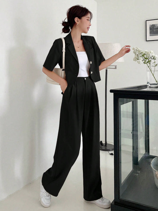 Ladies Solid Color Single Breasted Short Sleeve Blazer And Pocketed Long Pants Suit