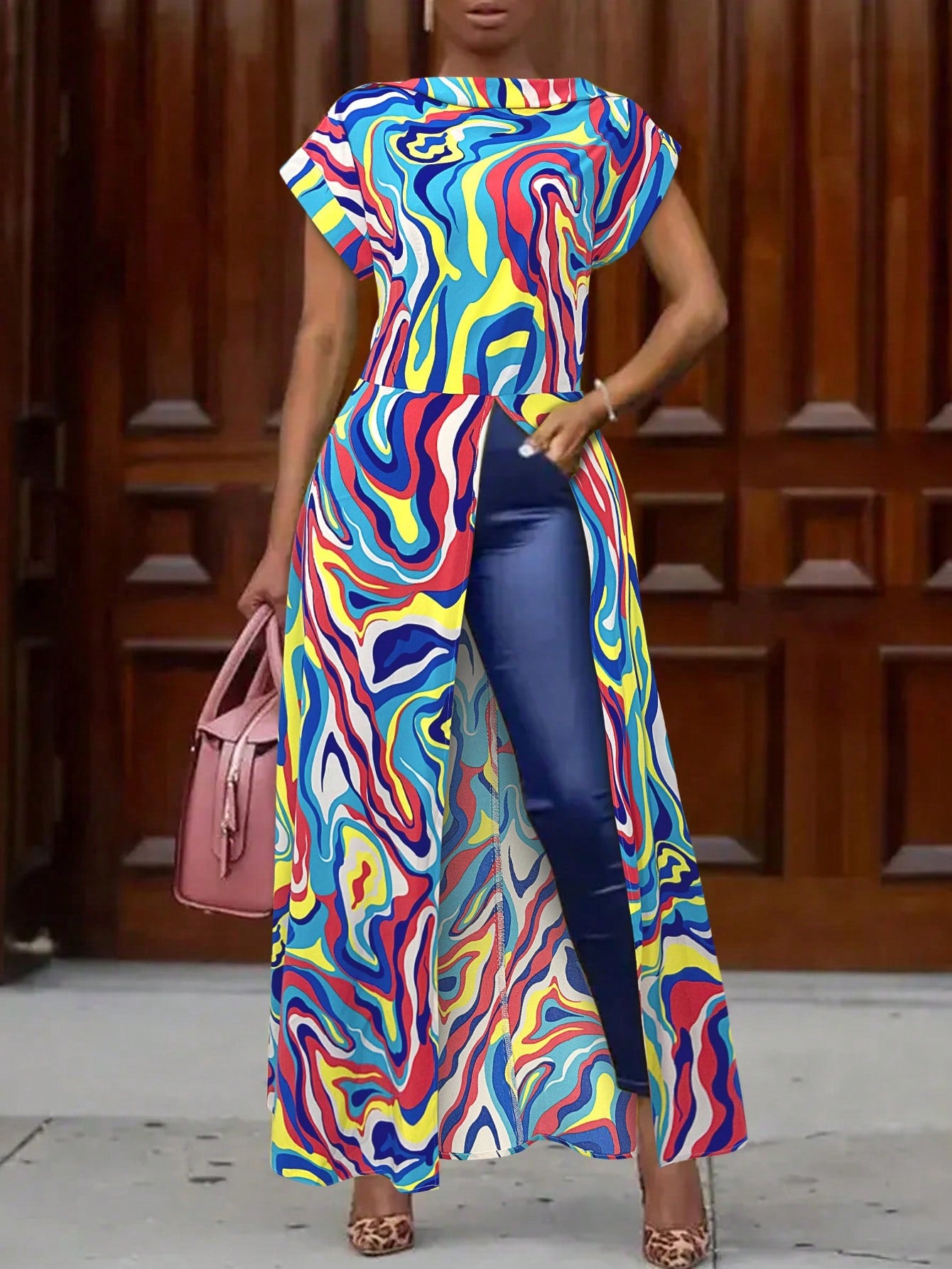 Ladies Long Sleeve Slit Open Colorful Geometric Printed Shirt