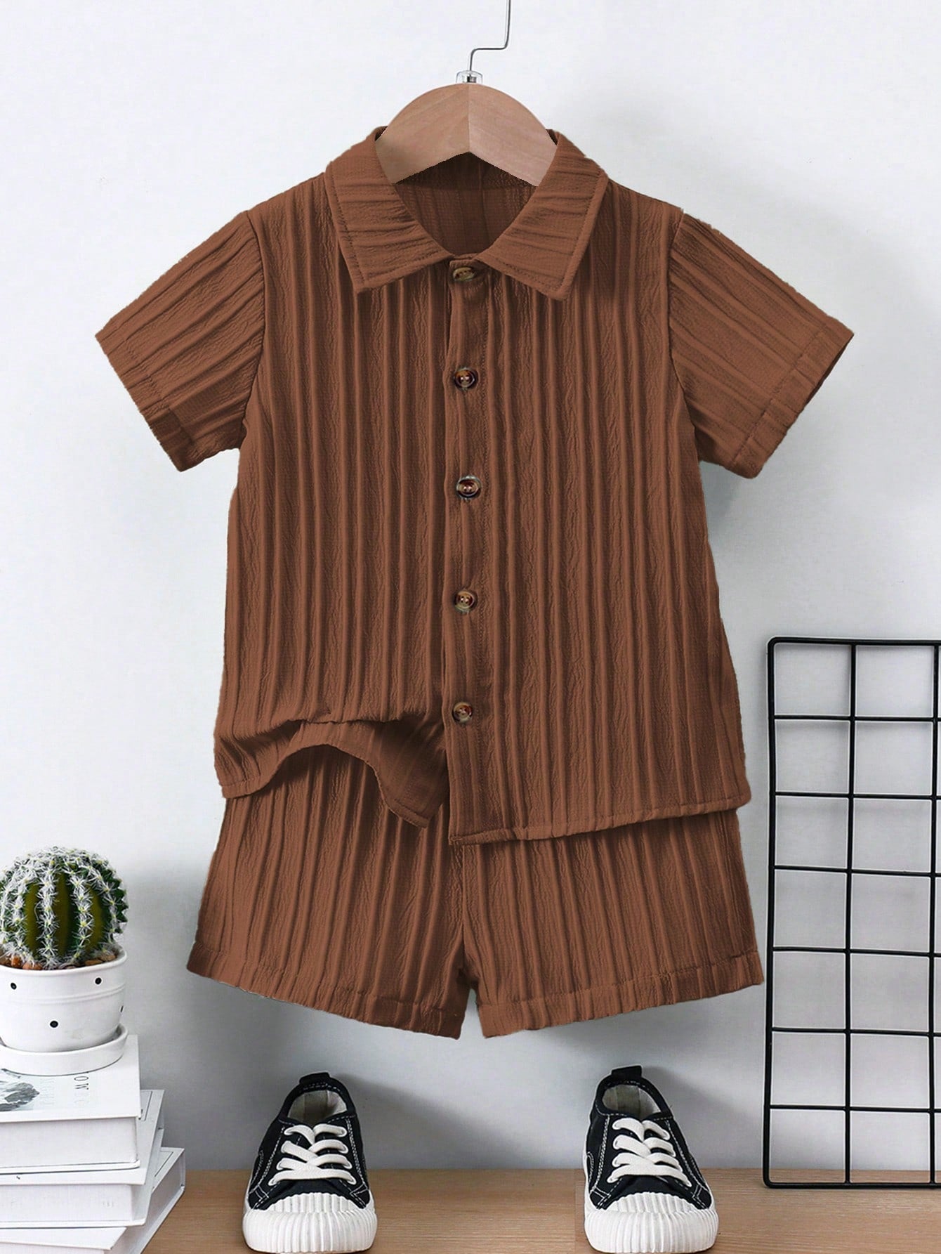 Young Boy Solid Button Front Shirt & Shorts Without Tee