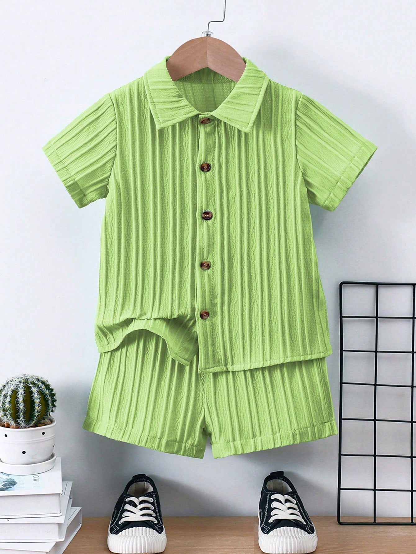 Young Boy Solid Button Front Shirt & Shorts Without Tee