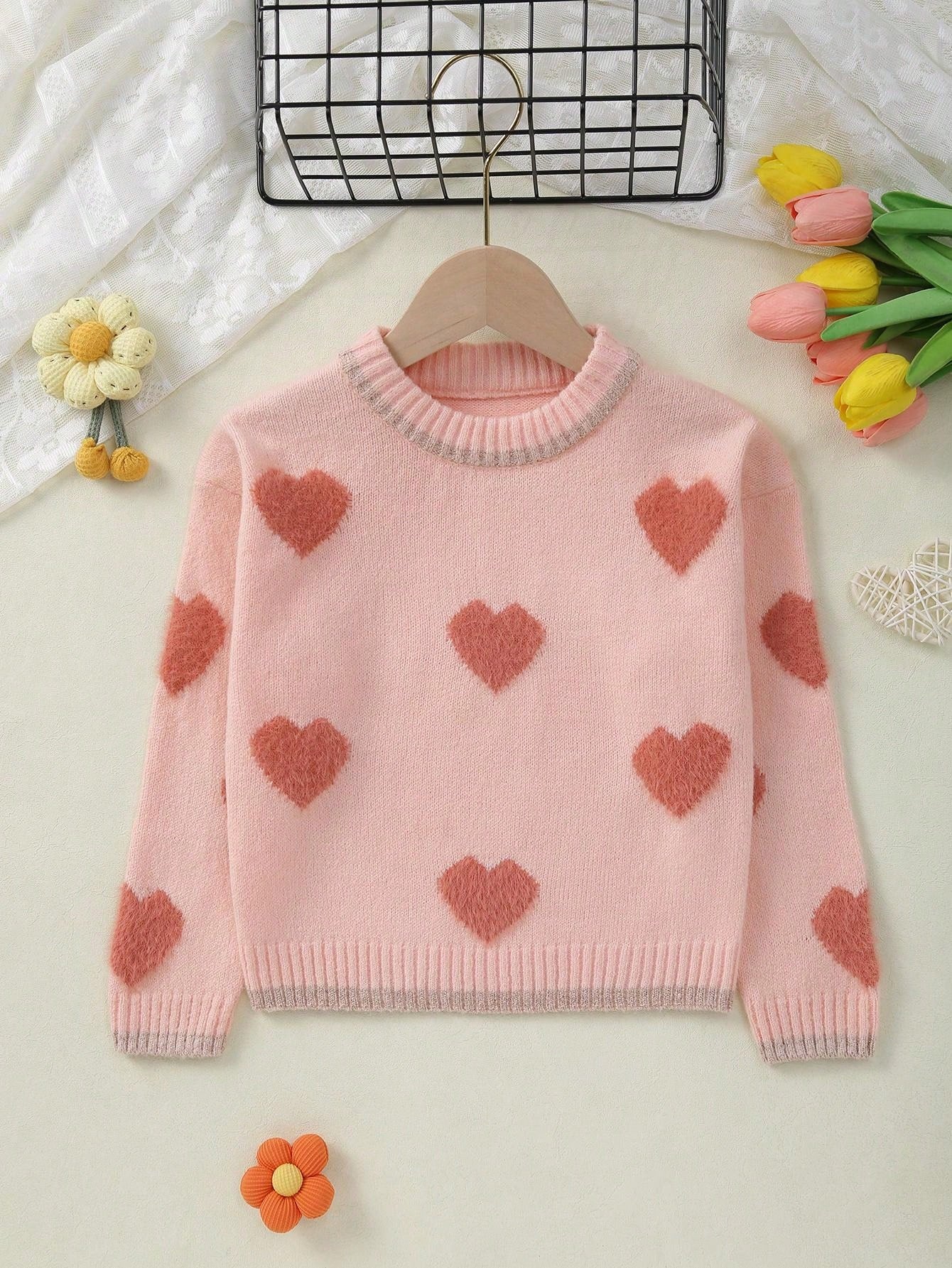 Girl's Heart Pattern Long Sleeve Knitted Sweater