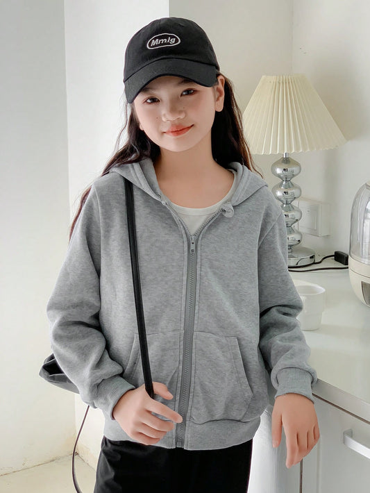 Kids Tween Girl Solid Color Front Zip Pocket Hooded Sweatshirt, Daily Casual Wear