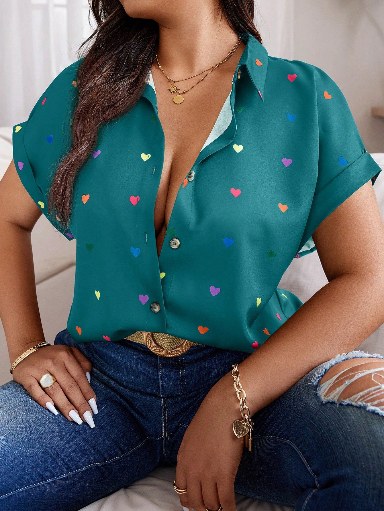 Plus Size Summer Casual Random Heart Print Button-Front Shirt