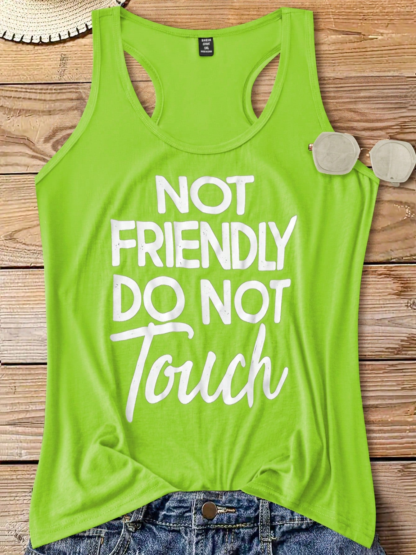 Plus Size Women's Slogan Print Sleeveless Top With Big Round Neckline, NOT FRIENDLY DO NOT Touch