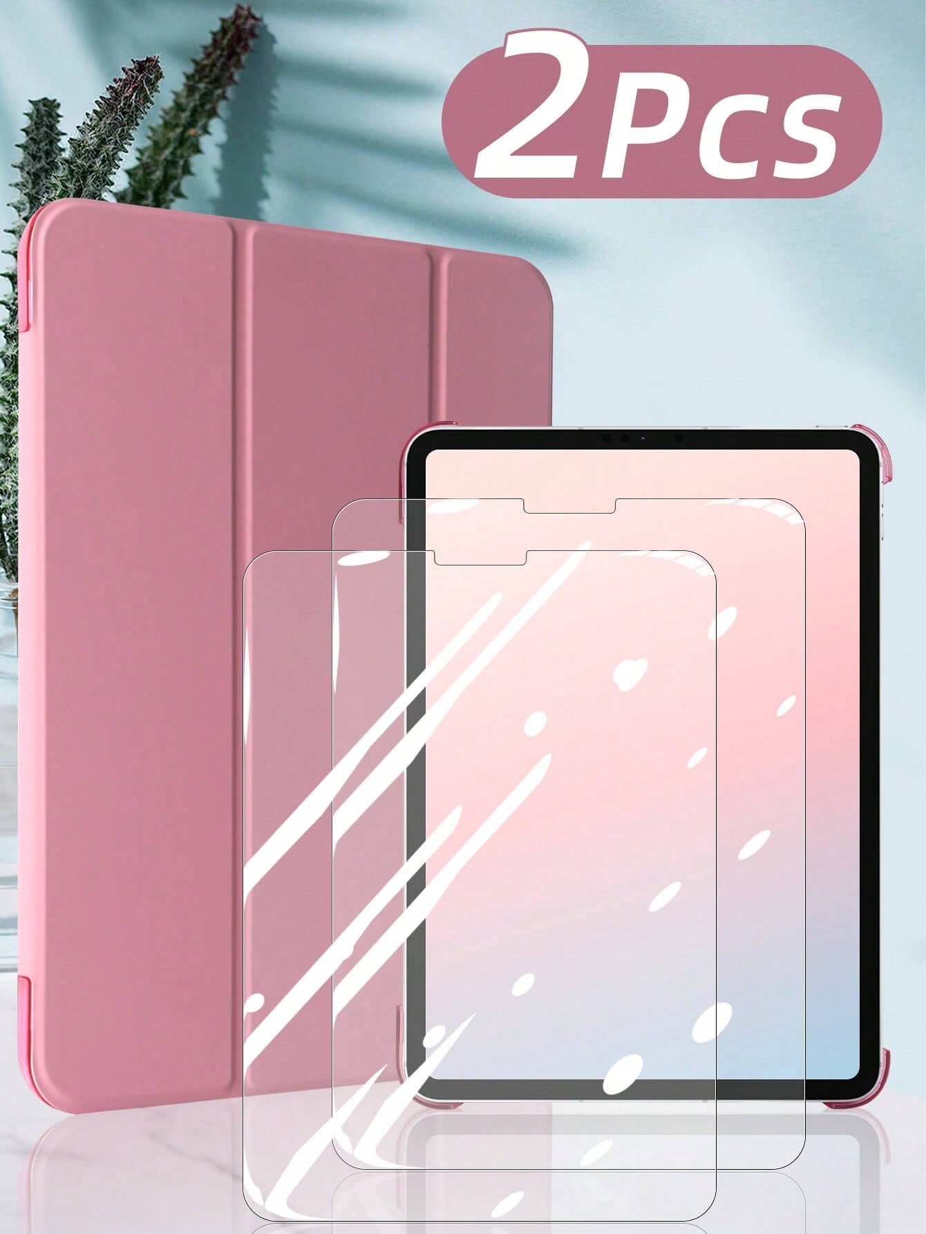 1 Tablet Case + 2 Tempered Glass Screen Protectors, HD Tempered Glass, Pink Plain Folding Case, Adjustable Tri-Fold Stand, PU Leather Cover + PC Back Shell, Sleep/Wake Function And Power Saving, Simple/Hiqh-Quality/Casual/Classic/Best-Selling, IPad Tri-Fo