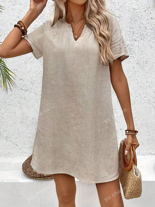 Women's Solid Color V-Neck Short Sleeve Mini Dress With Cut-Out Detail