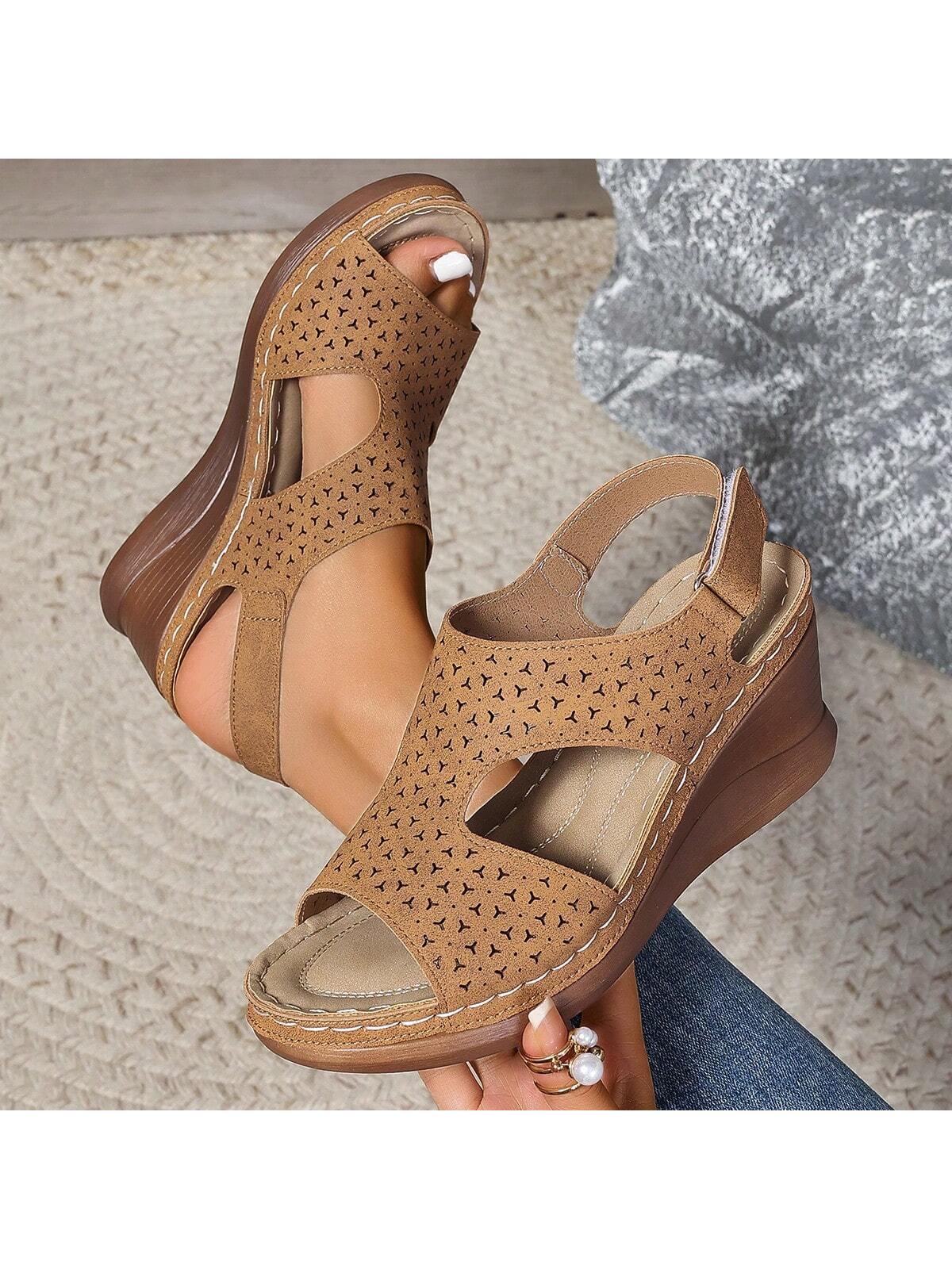 2024 New Style Laser Cutout Block Heel Sandals With Buckled Ankle Strap