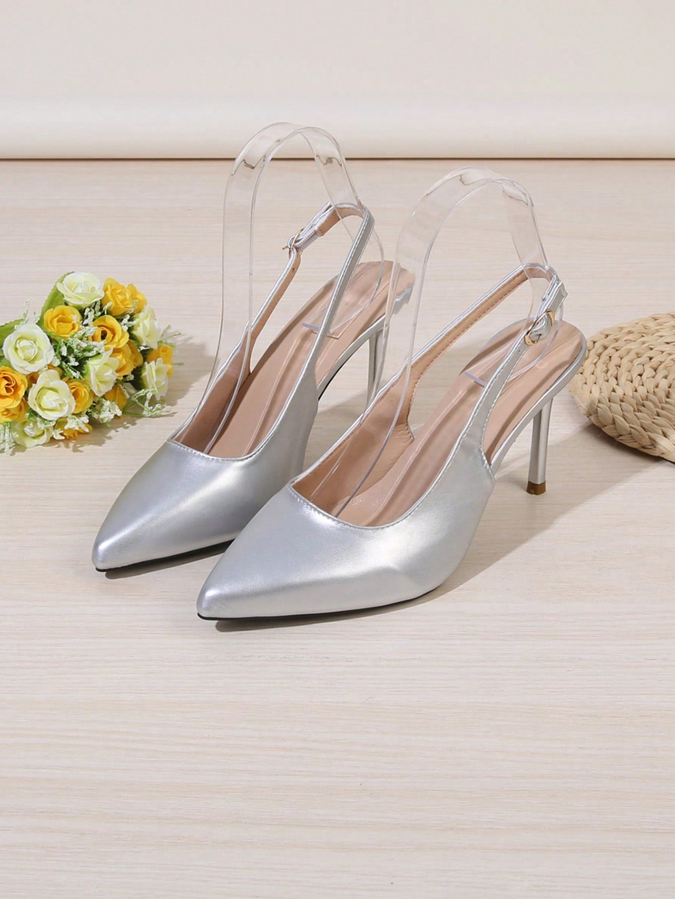 New Spring Summer Women's Closed Toe High-Heeled Sandals With Ankle Strap, Trendy Mesh Design And Thin Heels, Beige Color