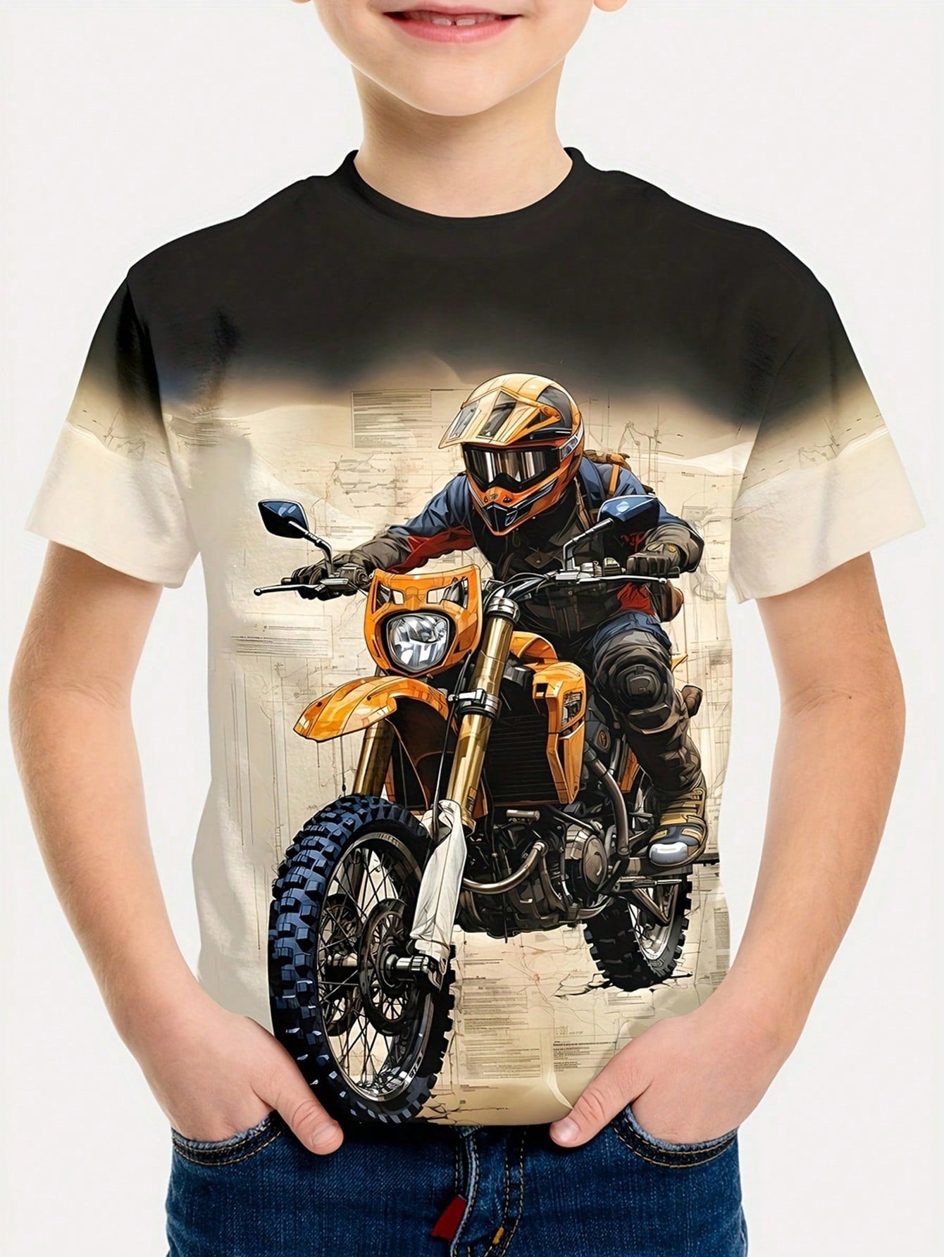 Young Boy Motorcycle Printed Casual Summer Short Sleeve T-Shirt With Round Neck