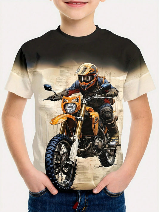 若い男の子用バイクプリントカジュアル夏用半袖Tシャツラウンドネック