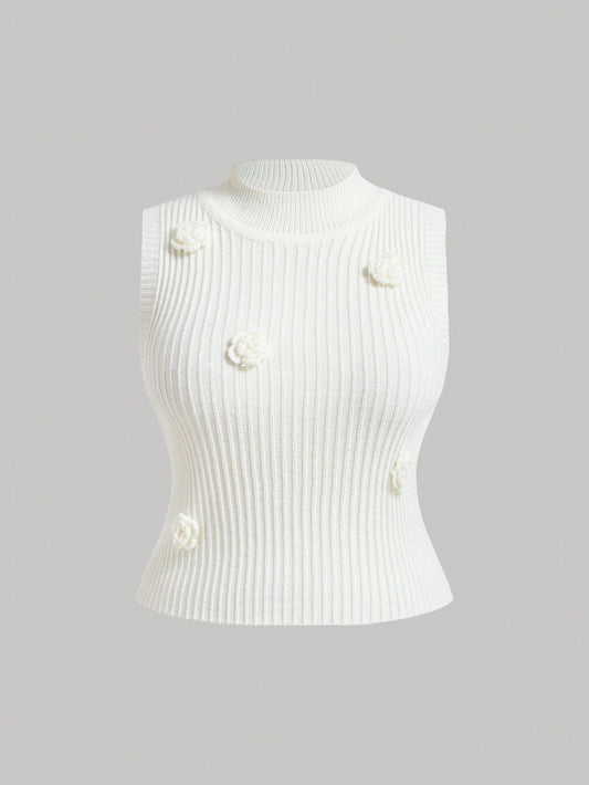 White Sleeveless Knit Vest With 3D Flower Embellishment For Plus Size Women