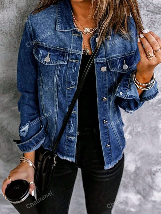 Women's Plain Casual Distressed Denim Jacket