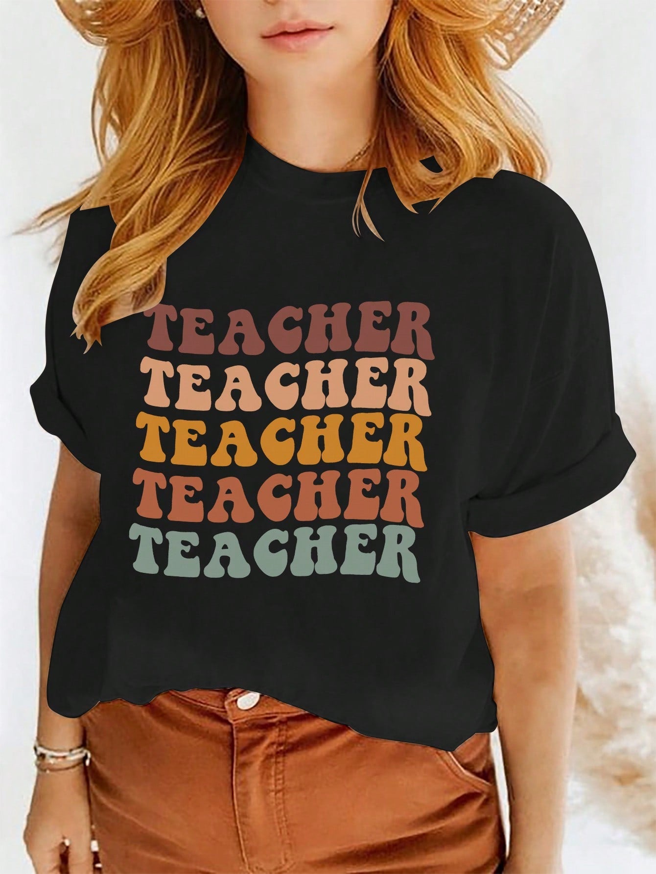 Casual And Simple Teacher Printed Round Neck Short Sleeve Women's T-Shirt, Suitable For Summer TEACHER TEACHER TEACHER TEACHER TEACHER