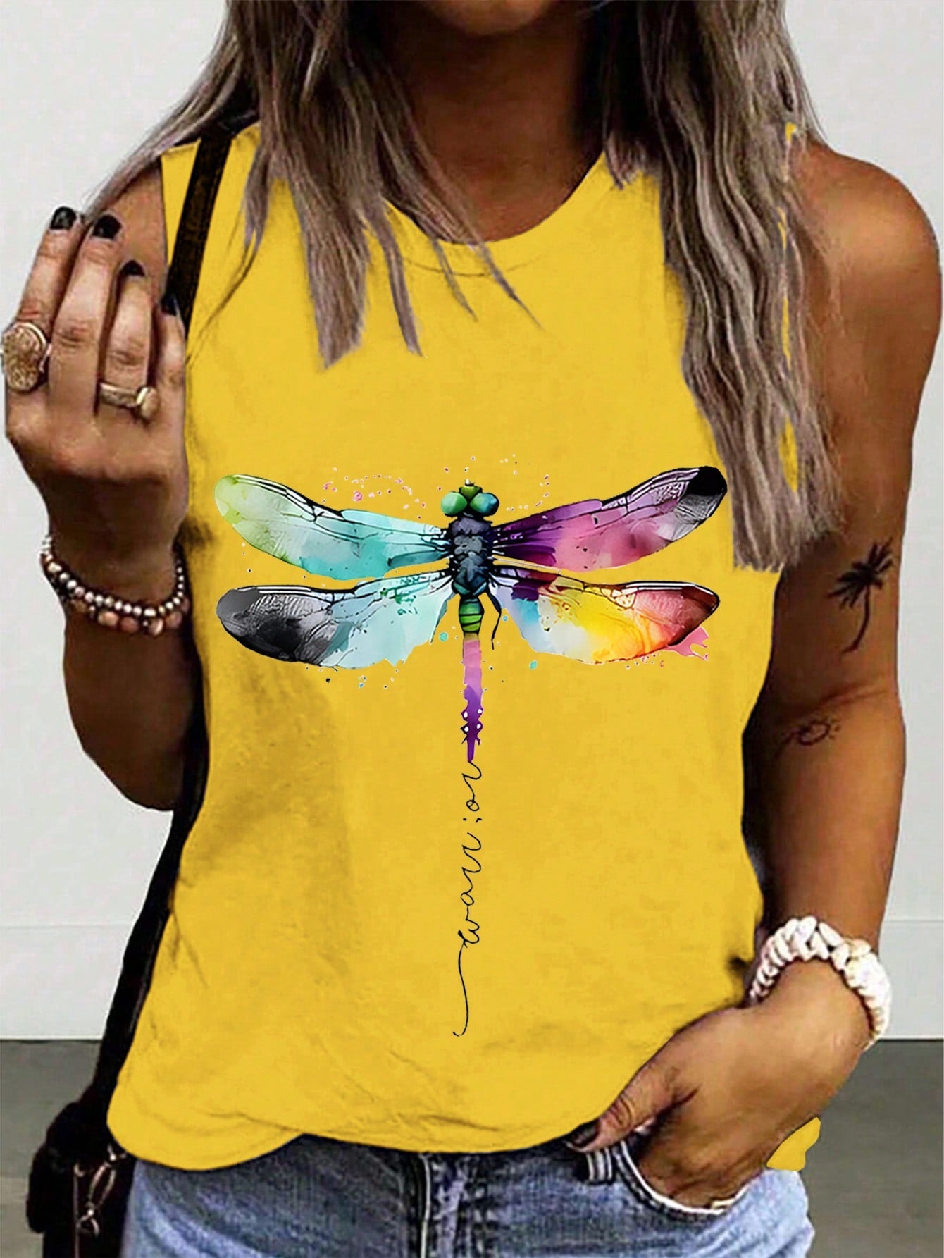 Ladies' Dragonfly Printed Round Neck Tank Top