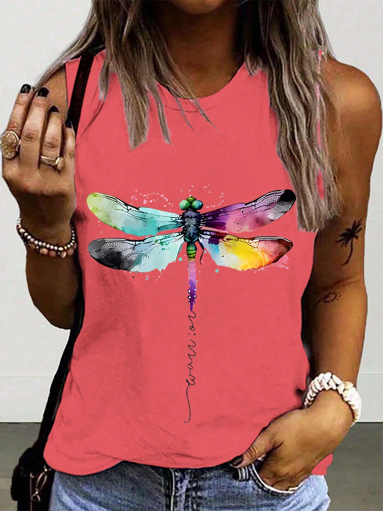 Ladies' Dragonfly Printed Round Neck Tank Top