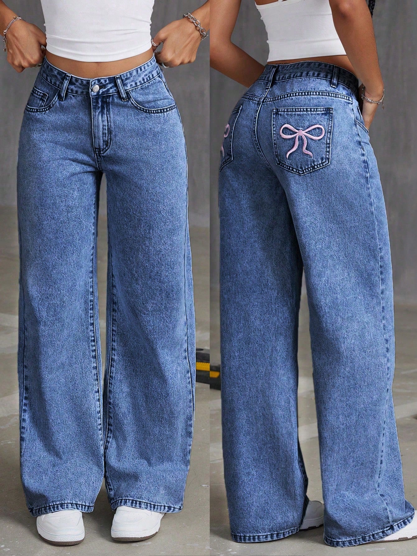 Women's Embroidered Bowknot Straight-Legged Washed Denim Pants With Pockets