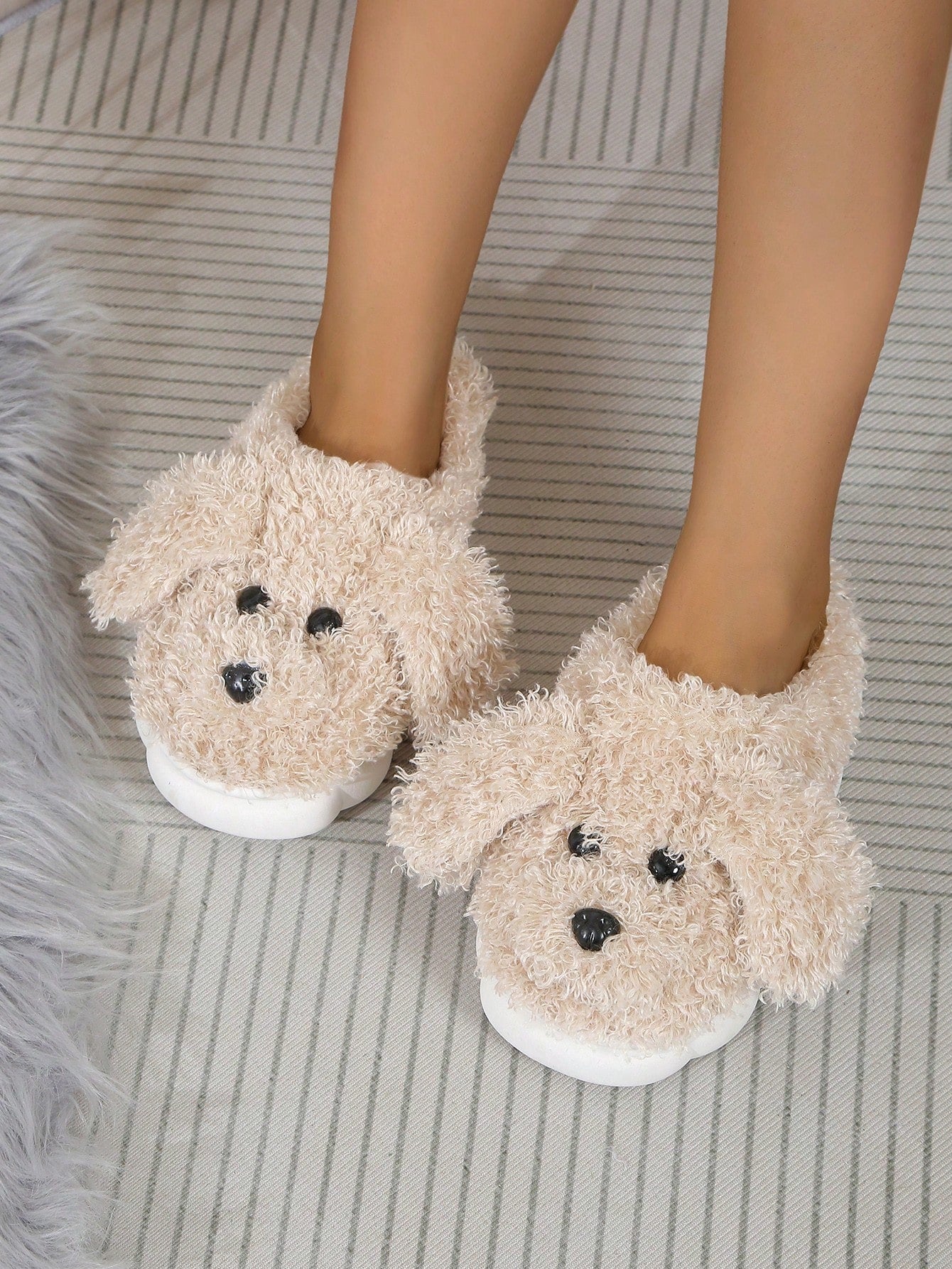 Women's New Cute Casual Home Comfy Cartoon Pattern Furry Slippers, Round Toe & Half-Slip, Thick Plush Woolen Shoe Upper, Warmly Lined, Soft & Lightweight Thick Sole