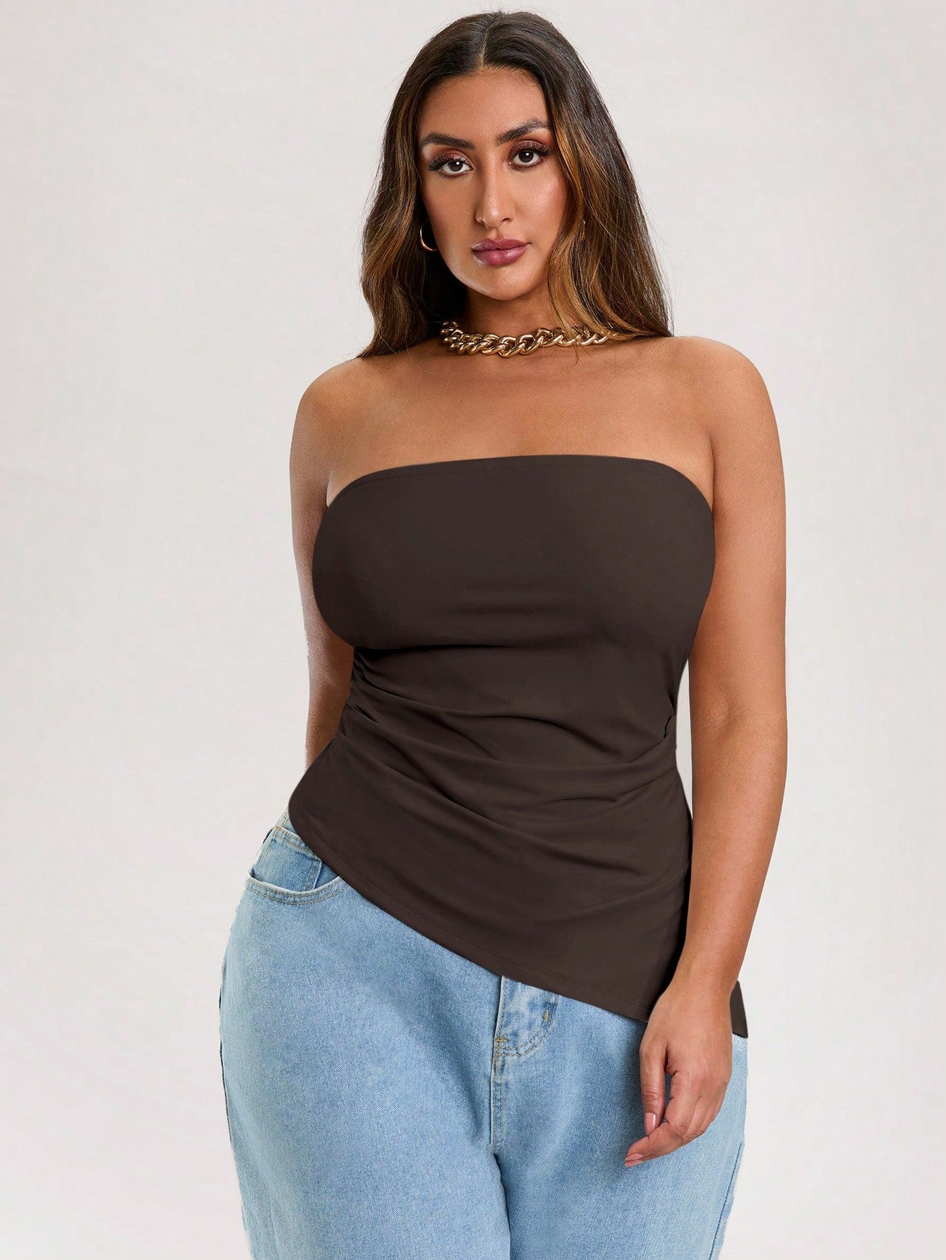 Plus Size Women's Tube Top Solid Color Beige Stretch Knitted Tight Ruffled Irregular Design Hem Tank Top