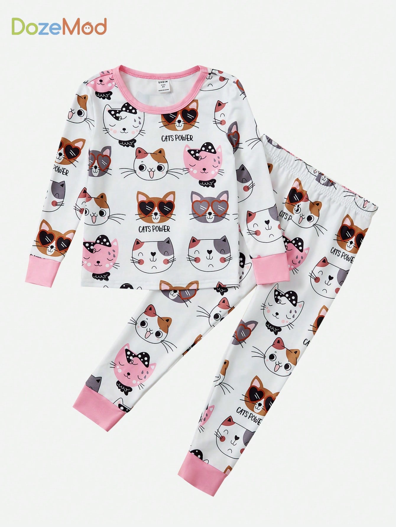 Young Girl Cartoon Graphic Contrast Trim Snug Fit PJ Set