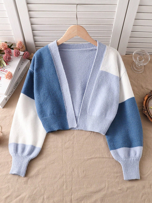 Tween Girl Blue Fashionable Casual Street Style Sweater, Korean Style, Color Block, Short Cardigan, Cozy And Comfortable, Suitable For Daily Wear, Travel And Vacation, Outdoor, Ideal For Autumn And Winter