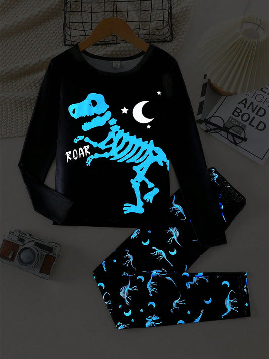 Boys' Night Glow Dinosaur Printed Snug Fit Long Sleeve And Pants 2pcs Homewear Set, For Big Children