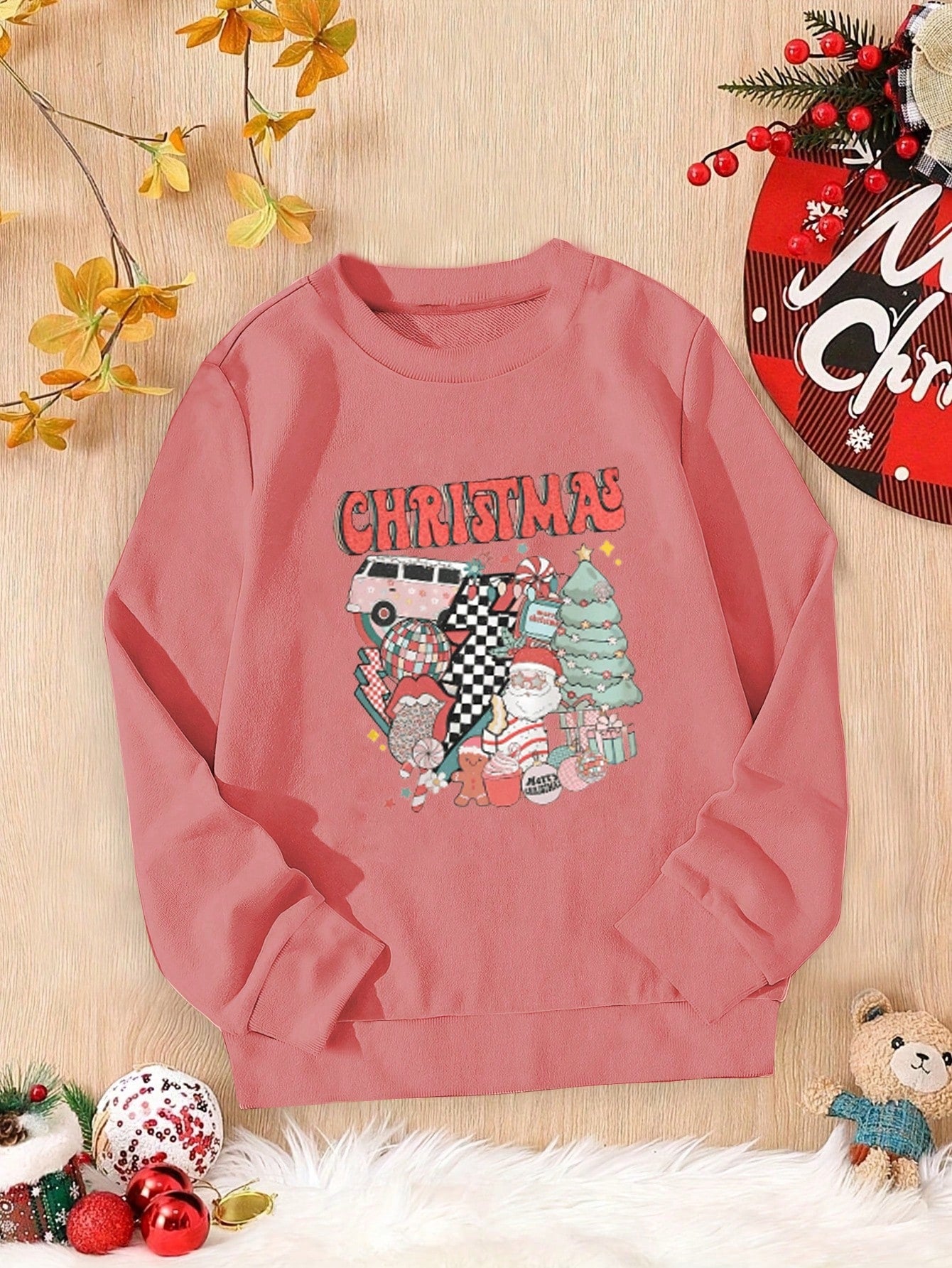 Girls' Christmas Gift Box & Santa Claus Lightning & Slogan Printed Long Sleeve Sweatshirt, Autumn/Winter