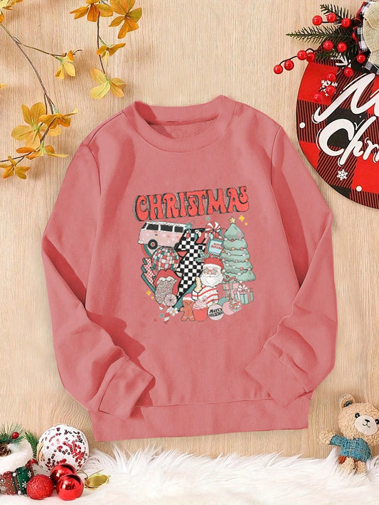 Girls' Christmas Gift Box & Santa Claus Lightning & Slogan Printed Long Sleeve Sweatshirt, Autumn/Winter