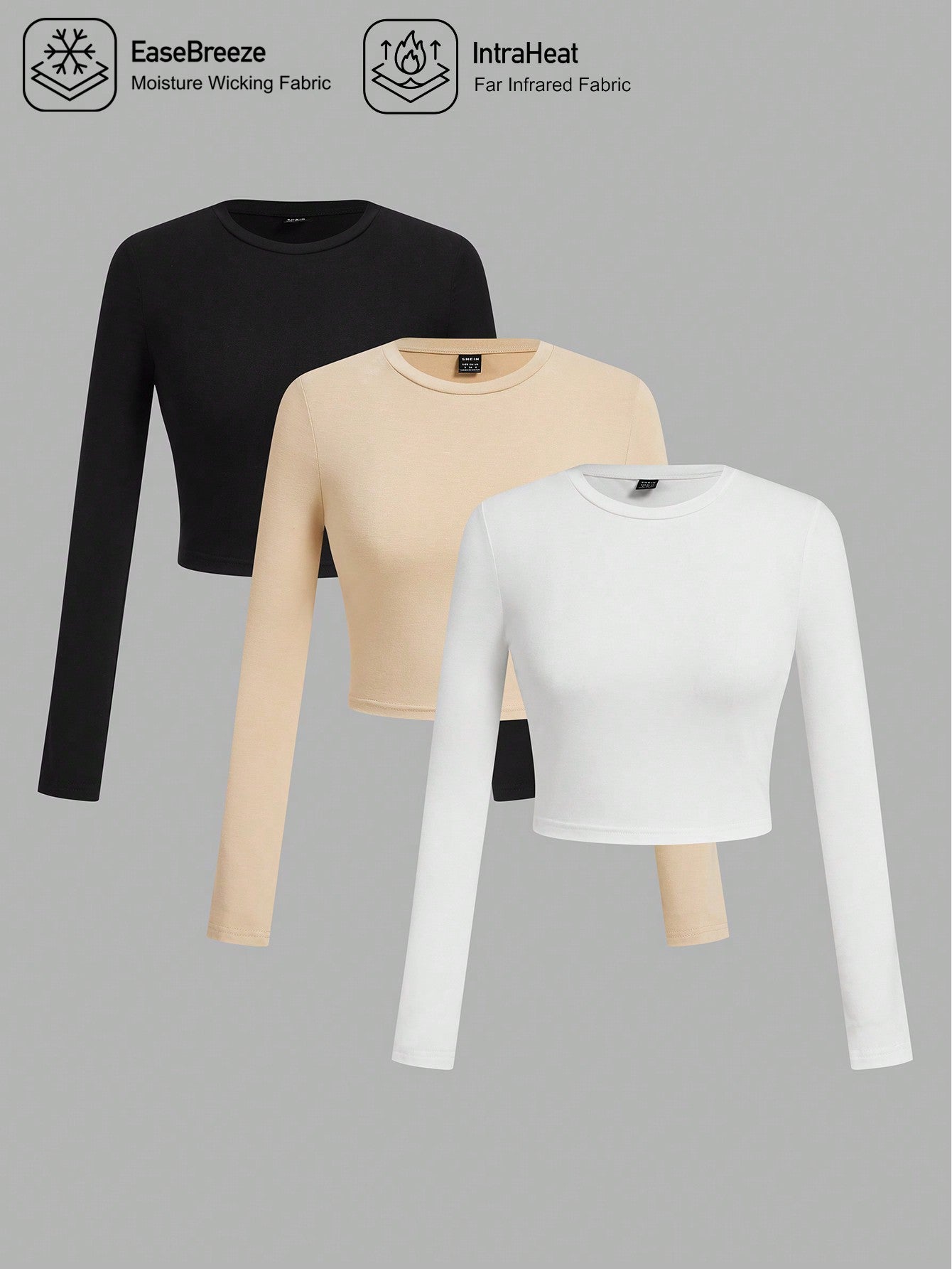 3pcs/Set Casual Solid Color Crew Neck Long Sleeve Slim Fit T-Shirt Women, Suitable For Spring And Autumn