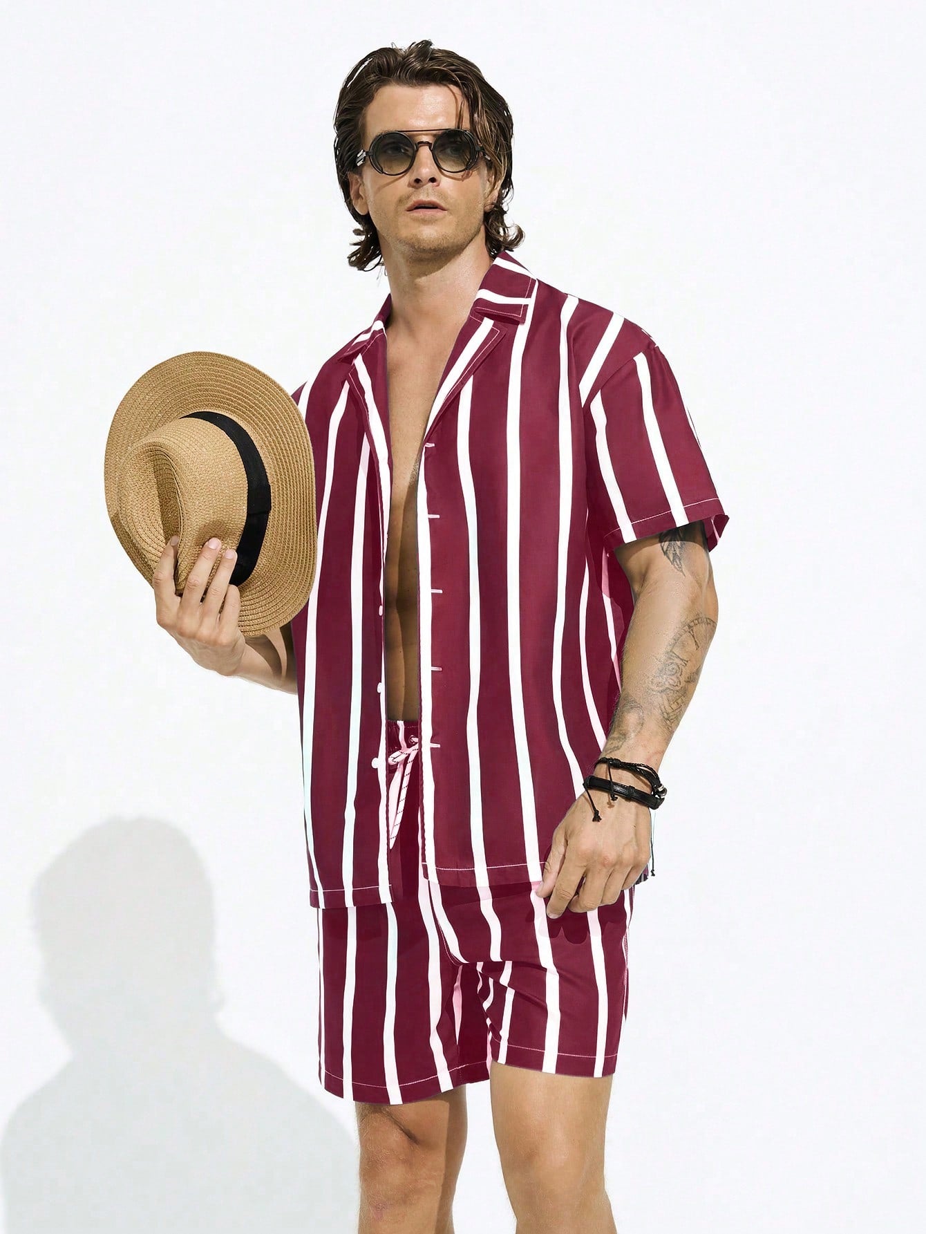 Men's Striped Printed Simple Daily Short Sleeve Shirt & Shorts Beach Set