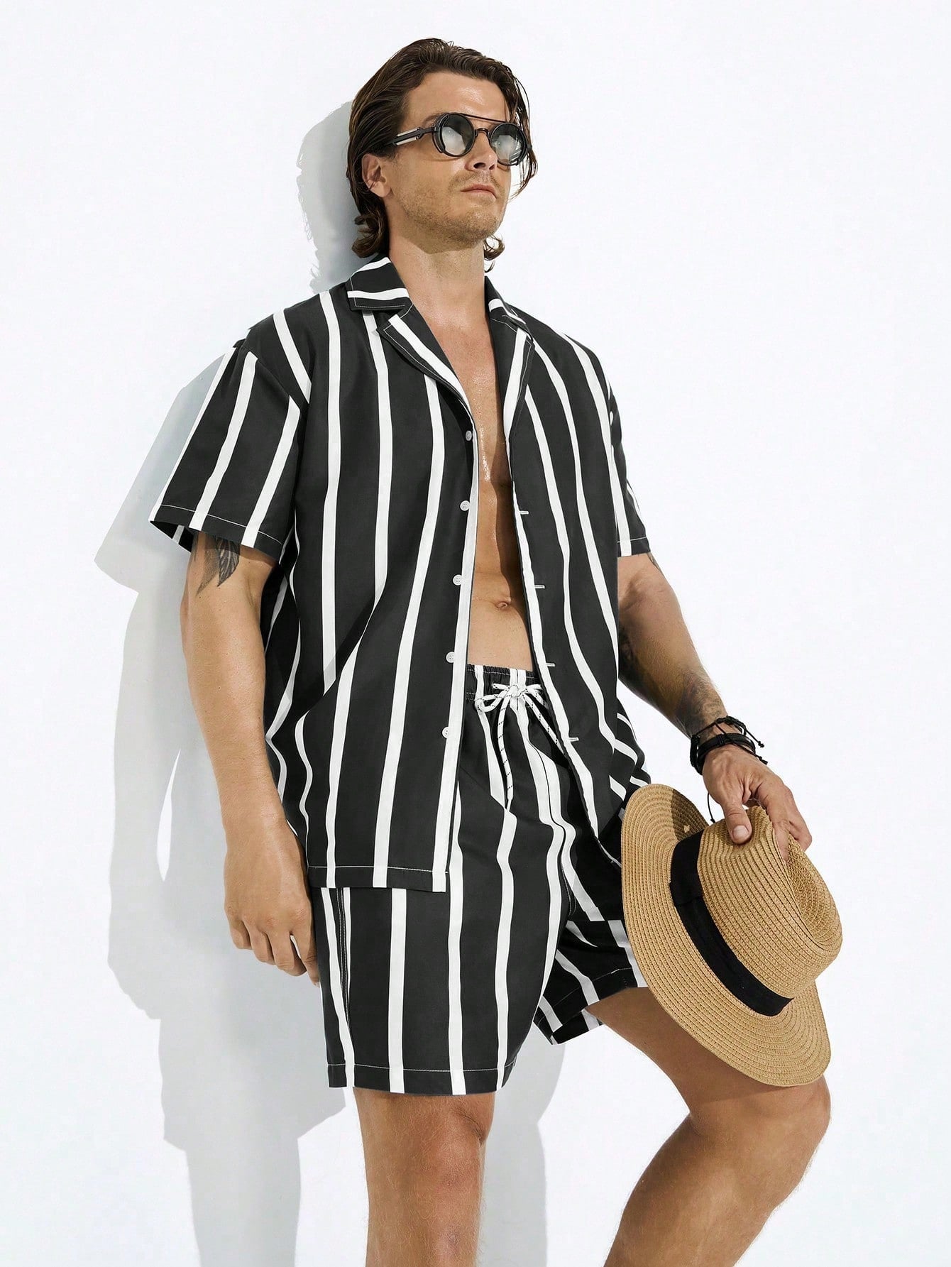 Men's Striped Printed Button-Front Short Sleeve Shirt And Drawstring Pocketed Shorts Holiday Beach Outfits