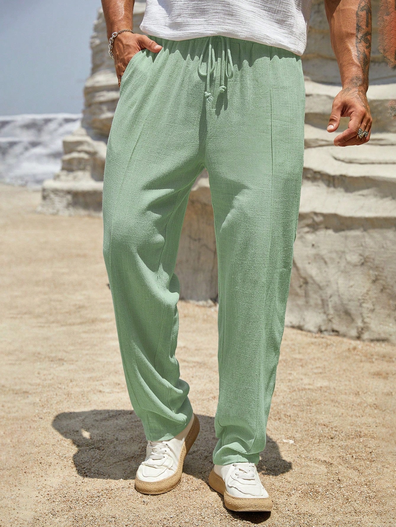 Men Drawstring Waist Seam Detail Pants